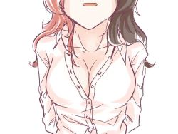 Rule 34 | 1girl, black hair, blouse, breasts, brown hair, cleavage, collared shirt, long hair, long sleeves, loose clothes, loose shirt, medium breasts, multicolored hair, neo politan, open clothes, open mouth, open shirt, pink hair, rwby, shirt, solo, split-color hair, tl (xdd), unbuttoned, unbuttoned shirt, white shirt