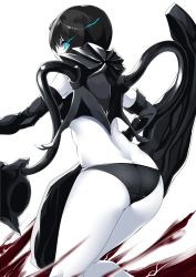 Rule 34 | 10s, 1girl, abyssal ship, armpit peek, ass, bent over, bikini, black bikini, black gloves, black hair, blue eyes, breasts, butt crack, colored skin, cowboy shot, dimples of venus, elbow gloves, from behind, gloves, glowing, glowing eye, highres, hitotsuki nebura, kantai collection, leaning forward, looking at viewer, pale skin, ri-class heavy cruiser, short hair, small breasts, solo, swimsuit, white skin