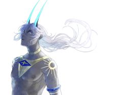Rule 34 | 1boy, abs, absurdres, arjuna (fate), arjuna alter (fate), armband, choker, closed mouth, crying, crying with eyes open, dark skin, fate/grand order, fate (series), floating hair, highres, horns, long hair, looking up, male focus, muscular, nipples, sad, topless male, simple background, solo, sun, tattoo, tears, upper body, user pvfg8287, white background, white hair
