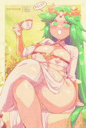 Rule 34 | 1girl, absurdres, bluethebone, bracer, breasts, cleft of venus, covered erect nipples, crossed legs, cup, english text, green eyes, green hair, highres, kid icarus, kid icarus uprising, lactation, lactation through clothes, large breasts, long hair, looking at viewer, milk, nintendo, palutena, panties, panty peek, single thighhigh, sitting, smile, solo, speech bubble, star-shaped pupils, star (symbol), symbol-shaped pupils, teacup, thighhighs, thighs, underwear, very long hair, wedgie
