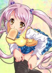 Rule 34 | bent over, blush, bread slice, dressing, food, food in mouth, mouth hold, purple hair, school uniform, serafuku, solo, thighhighs, toast, toast in mouth, twintails, yellow eyes