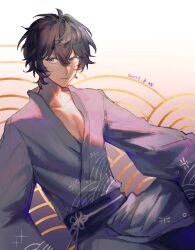 Rule 34 | 1boy, alternate costume, axia krone, black hair, blue eyes, blue kimono, blue sash, closed mouth, dated, dragonfly print, flower, flower brooch, gradient background, highres, japanese clothes, kimono, komatsu2536, long sleeves, looking at viewer, male focus, nijisanji, patterned background, pectoral cleavage, pectorals, purple background, sash, short hair, sitting, smile, sparkle, virtual youtuber, white background, white flower, wide sleeves