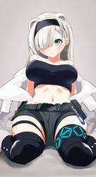 Rule 34 | 1girl, animal ears, arknights, arm support, aurora (arknights), aurora (elite ii) (arknights), bandeau, bare shoulders, bear ears, belt, black bandeau, black hairband, black shorts, black tube top, blue eyes, blush, breasts, closed mouth, coat, collarbone, ert raitsui, eyebrows hidden by hair, eyes visible through hair, hair ornament, hair over one eye, hairband, hairclip, highres, infection monitor (arknights), knee pads, large breasts, leaning back, long hair, looking at viewer, navel, off shoulder, open clothes, open coat, short shorts, shorts, sitting, solo, stomach, strapless, tube top, wariza, white coat, white hair