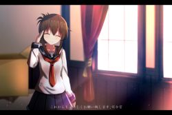 Rule 34 | 10s, 1girl, ^ ^, black skirt, blush, brown hair, cuon (kuon), closed eyes, facing viewer, folded ponytail, inazuma (kancolle), indoors, kantai collection, letterboxed, long sleeves, neckerchief, office, pleated skirt, sailor collar, salute, school uniform, serafuku, skirt, smile, solo, translation request