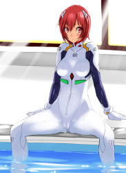 Rule 34 | 1girl, alternate costume, arm support, ayanami rei, ayanami rei (cosplay), bad id, bad pixiv id, blush, bodysuit, bracer, breasts, cameltoe, cosplay, gloves, hair between eyes, hair ornament, hairpods, indoors, interface headset, kamia (not found), kasuga aya, light rays, looking at viewer, neon genesis evangelion, original, parted lips, pilot suit, pink eyes, pink hair, plugsuit, pool, poolside, red eyes, red hair, short hair, sitting, small breasts, soaking feet, solo, spread legs, sunbeam, sunlight, turtleneck, water, wet, wet clothes, wet hair, window