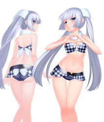 Rule 34 | 10s, 1girl, absurdres, alternate costume, ass, bikini, bikini skirt, blue eyes, breasts, checkered bikini, checkered clothes, checkered skirt, cleavage, heart, heart hands, highres, liden films, long hair, lucknight, miss monochrome, miss monochrome (character), navel, silver hair, simple background, skirt, smile, solo, swimsuit, thigh gap, twintails, very long hair