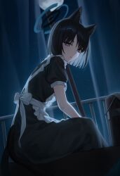 Rule 34 | 1girl, 1yu x, alternate costume, animal ears, apron, black dress, black eyes, black hair, blue archive, blue halo, cat ears, cat tail, dress, enmaided, frilled apron, frills, halo, highres, kikyou (blue archive), looking at viewer, maid, maid apron, multiple tails, short hair, short sleeves, solo, tail, two tails, white apron
