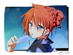 Rule 34 | 1girl, amano tora, blue eyes, blush, braid, earrings, food, from side, hair between eyes, hair bun, highres, ice cream, japanese clothes, jewelry, kazenoko, kimono, looking at viewer, open mouth, original, popsicle, portrait, red hair, sidelocks, simple background, single hair bun, solo, tongue, tongue out, yukata