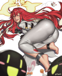 Rule 34 | 1girl, 2others, ahoge, arc system works, ass, barefoot, blush, bodysuit, breasts, cameltoe, familiar, guilty gear, guilty gear strive, halo, highres, jack-o&#039; valentine, long hair, mootium, multiple others, naughty face, red hair, shiny clothes, sideboob, skin tight, smile, solo, tongue, tongue out, very long hair