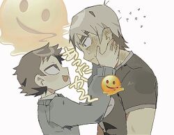 Rule 34 | 2boys, blush, constricted pupils, dokusuji (kw9onou58), emoji, eye contact, flying sweatdrops, from side, hands on another&#039;s cheeks, hands on another&#039;s face, looking at another, male focus, multiple boys, nervous, profile, scott pilgrim (series), seductive smile, shirt, smile, smug, t-shirt, todd ingram, translation request, upper body, wallace wells, yaoi