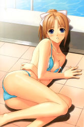Rule 34 | 00s, 1girl, absurdres, after (game), ass, bikini, blonde hair, blush, bow, breasts, hair bow, highres, legs, long legs, lying, on side, pool, poolside, scan, shiomiya kanami, solo, strap slip, swimsuit, tony taka, water
