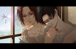 Rule 34 | 1boy, 1other, black hair, brown hair, commentary request, glasses, grey tank top, hange zoe, head on another&#039;s shoulder, highres, letterboxed, levi (shingeki no kyojin), red eyes, scar, scar on arm, shingeki no kyojin, sleeping, sleeping on person, suzu (mjje0txjdsyxovk), tank top, window