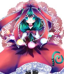 Rule 34 | 1girl, bad id, bad pixiv id, blush, bow, collar, dress, female focus, frills, front ponytail, gathers, gradient hair, green eyes, green hair, hair ribbon, kagiyama hina, light particles, matching hair/eyes, momonako, multicolored hair, outstretched arms, ribbon, scar, solo, spread arms, stitches, touhou