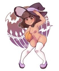 Rule 34 | 1girl, artist name, breasts, brown eyes, brown hair, commentary request, contrapposto, full body, hat, highres, justspicy, nipples, nude, original, petite, pumpkin, signature, small breasts, smile, solo, thighhighs, thighs, witch hat
