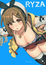Rule 34 | 1girl, :o, atelier (series), atelier ryza, atelier ryza 1, belt, bent over, blue background, boots, bracelet, breasts, brown eyes, brown hair, cleavage, downblouse, hair ornament, hairclip, highres, jacket, jewelry, large breasts, looking at viewer, necklace, noriuma, open clothes, open jacket, red shorts, reisalin stout, shorts, simple background, sleeveless, sleeveless jacket, solo, star (symbol), star necklace, thigh boots, thighhighs, yellow jacket