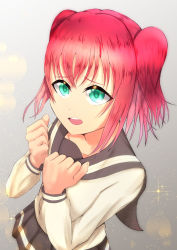Rule 34 | 1girl, aqua eyes, artist name, artist request, blush, breasts, clenched hands, close-up, collarbone, female focus, green eyes, grey skirt, hair between eyes, highres, kurosawa ruby, long sleeves, looking at viewer, love live!, love live! sunshine!!, masa sevenred, masakazu yamato, masakazu yamato (masa sevenred), miniskirt, parted lips, plaid, plaid skirt, pleated, pleated skirt, red hair, sailor collar, school uniform, shirt, short hair, skirt, smile, solo, sparkle, teeth, twintails, two side up, upper body, uranohoshi school uniform, white shirt, yamato masakazu