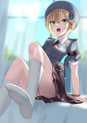 Rule 34 | 1girl, absurdres, arm support, beret, blonde hair, blurry, blurry background, cropped jacket, curtains, feet, green eyes, hair ornament, hairclip, hat, heaven burns red, highres, knees up, looking at viewer, maruyama kanata, nil (pixiv 53614557), no shoes, on bed, open mouth, short hair, short sleeves, sitting, skirt, socks, solo, striped clothes, striped headwear, sunlight, window, wristband