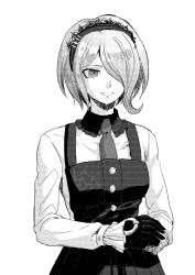 Rule 34 | 1girl, aoki (fumomo), collared shirt, commentary request, cowboy shot, danganronpa (series), danganronpa v3: killing harmony, dress, gloves, grey background, greyscale, grin, hair ornament, hair over one eye, long sleeves, looking at viewer, maid headdress, monochrome, necktie, own hands together, pinafore dress, shirt, short hair, simple background, sleeveless dress, smile, solo, tojo kirumi, upper body, vest, white background