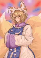 Rule 34 | 1girl, :/, absurdres, animal ears, arms under breasts, blonde hair, blue background, blue tabard, blush, breasts, commentary request, cowboy shot, dress, expressionless, fox ears, fox tail, frills, gold trim, half-closed eyes, hands in opposite sleeves, hat, highres, large breasts, long sleeves, looking down, mob cap, multiple tails, ofuda, red background, short hair, simple background, solo, tabard, tail, tassel, touhou, white dress, wide sleeves, yakumo ran, zapi (rkuv5352)