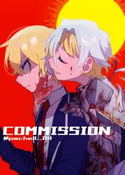 Rule 34 | 1boy, 1girl, blonde hair, blood, blood on clothes, blood on face, collared shirt, gauntlets, highres, kromer (project moon), limbus company, melting, multicolored hair, necktie, parted lips, pmchell 04, project moon, red background, red necktie, shirt, simple background, sinclair (project moon), smile, streaked hair, sun, upper body, white hair, white shirt, yellow eyes