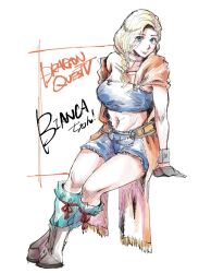 Rule 34 | 1girl, alternate costume, bianca (dq5), blonde hair, blue eyes, boots, bracelet, braid, breasts, brown footwear, cape, character name, closed mouth, collarbone, commentary request, crossed legs, dragon quest, dragon quest v, eyes visible through hair, full body, gloves, green socks, hair over one eye, himmeldavenport, invisible chair, jewelry, large breasts, long hair, looking at viewer, midriff, navel, neck ring, orange cape, shorts, single bare shoulder, single braid, sitting, socks, solo, square enix, strapless, tube top