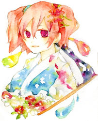 Rule 34 | 1girl, bad id, bad pixiv id, colorful, female focus, flower, highres, legomaru, onozuka komachi, painting (medium), plant, red eyes, red hair, scythe, short hair, solo, standing, touhou, traditional media, twintails, two side up, upper body, watercolor (medium), white background
