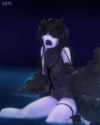 Rule 34 | 10s, 1girl, abyssal ship, bare shoulders, black hair, blindfold, boots, breasts, colored skin, crying, dress, elbow gloves, gloves, horns, kantai collection, light cruiser princess, long hair, mask, medium breasts, mochitsuki (mo chooon), night, night sky, open mouth, parted bangs, school uniform, serafuku, short dress, sitting, sky, solo, tears, teeth, water, wet, white skin