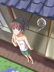 Rule 34 | 1girl, bad id, bad pixiv id, barefoot, blue eyes, brown hair, camisole, feet, flat chest, food, from above, original, ponytail, popsicle, pov, shorts, solo, urichi, veranda, wind chime