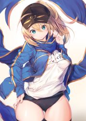 Rule 34 | 1girl, ahoge, artoria pendragon (fate), baseball cap, black hat, blonde hair, blue eyes, blue jacket, blue scarf, breasts, cowboy shot, fal maro, fate/grand order, fate (series), hair between eyes, hair through headwear, hand on own hip, hat, head tilt, highres, jacket, long hair, looking at viewer, medium breasts, mysterious heroine x (fate), open clothes, open jacket, ponytail, scarf, shirt, shorts, sidelocks, solo, thighhighs, thighs, track jacket, white shirt, wind, wind lift