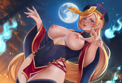 Rule 34 | 1girl, :d, blonde hair, blue eyes, blush, breasts, breasts out, commentary, covered navel, cowboy shot, dutch angle, english commentary, exlic, fingernails, full moon, guilty gear, halloween, jiangshi, large breasts, long hair, looking at viewer, millia rage, moon, night, nipples, ofuda, open mouth, outdoors, sky, smile, solo, star (sky), starry sky, thighhighs, very long hair, wide sleeves, will-o&#039;-the-wisp (mythology)