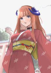 Rule 34 | 1girl, 3walktoriatama, absurdres, alternate costume, arknights, bagpipe (arknights), black choker, blush, breasts, choker, clenched hand, dragon horns, hand up, highres, horns, japanese clothes, kimono, long hair, looking ahead, medium breasts, obi, open clothes, orange hair, outdoors, purple eyes, red kimono, sash, teeth, upper body, upper teeth only, very long hair