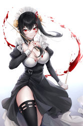 Rule 34 | 1girl, absurdres, alternate costume, belt, black belt, black choker, black dress, black thighhighs, blood, blood in hair, blood on breasts, blood on clothes, blood on face, breasts, choker, cleavage, closed mouth, dagger, dress, dual wielding, earrings, enmaided, flower, frilled dress, frills, furrowed brow, glint, gloves, gold earrings, hair between eyes, hair flower, hair ornament, highres, holding, holding dagger, holding knife, holding weapon, jewelry, knife, large breasts, long hair, looking at viewer, maid, maid headdress, raku (clearpage), reverse grip, rose, short hair with long locks, single glove, smile, solo, spikes, spy x family, stiletto (weapon), thighhighs, thighs, weapon, yor briar