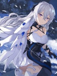 Rule 34 | 1girl, armor, bare shoulders, black dress, black gloves, breasts, bronya zaychik, bronya zaychik (silverwing: n-ex), cleavage, cowboy shot, dress, expressionless, gloves, grey hair, hair between eyes, highres, honkai (series), honkai impact 3rd, large breasts, long hair, looking at viewer, pauldrons, purple eyes, shoulder armor, single glove, single pauldron, sleeveless, sleeveless dress, solo, thighhighs, weeiskaw, white thighhighs, zettai ryouiki