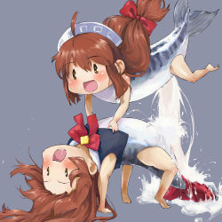Rule 34 | 2003 server, 2girls, ahoge, bow, brown hair, chibi, fish, fish girl, furry, grey background, hair bow, happy, impregnation, interspecies, multiple girls, open mouth, os-tan, saba, saba-tan, sex, simple background, u (the unko), what, yellow eyes