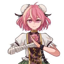 Rule 34 | 1girl, amputee, bandaged arm, bandages, bun cover, chinese clothes, chunjiu, closed mouth, commentary, cuffs, double bun, false arm, false limb, flower, hair bun, highres, ibaraki kasen, looking at viewer, palm-fist greeting, pink eyes, pink flower, pink hair, pink rose, rose, shackles, shirt, short hair, short sleeves, simple background, smile, solo, tabard, touhou, white background, white shirt