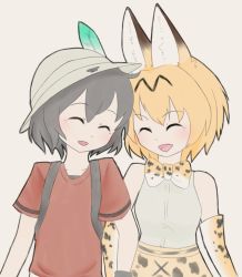 Rule 34 | 10s, 2girls, animal ears, backpack, bag, bare shoulders, beige background, black gloves, black hair, black outline, blonde hair, blush, bow, bowtie, breasts, closed eyes, collarbone, elbow gloves, female focus, flat chest, gloves, grey shirt, happy, hat, highres, kaban (kemono friends), kemono friends, multiple girls, open mouth, outline, red shirt, serval (kemono friends), serval print, shirt, short hair, short sleeves, simple background, sleeveless, sleeveless shirt, small breasts, smile, undershirt, upper body, xan (xan0712)