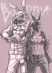 Rule 34 | 1boy, 1girl, animal ears, artist name, bra, breasts, caiman (dorohedoro), cleavage, collarbone, cowboy shot, cracking knuckles, dorohedoro, english text, facial mark, fake animal ears, gas mask, gloves, hands in pockets, holster, holstered, jacket, knife, long hair, long sleeves, mask, miso-234, monochrome, navel, nikaidou (dorohedoro), open clothes, open jacket, own hands together, pants, rabbit ears, shoulder holster, simple background, spikes, standing, toned, toned male, underboob, underwear