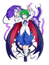Rule 34 | 1girl, antennae, aqua eyes, arms up, baggy shorts, breasts, bug, cape, centipede, green hair, hair over one eye, highres, ishimu, large breasts, long sleeves, open mouth, puffy shorts, shirt, shorts, solo, touhou, walking, wriggle nightbug