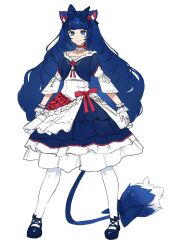 Rule 34 | 1girl, animal ears, big hair, blue bow, blue eyes, blue footwear, blue hair, blue skirt, bow, cat ears, chenna kitty, choker, closed mouth, full body, gloves, hair bow, highres, indie virtual youtuber, jewelry, layered skirt, long hair, long sleeves, pantyhose, red choker, ring, shoes, simple background, skirt, smile, solo, standing, tail, tail bow, tail ornament, unsomnus, very long hair, virtual youtuber, white background, white gloves, white pantyhose