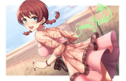 Rule 34 | 1girl, blue eyes, braid, breasts, brown hair, dress, emma verde, freckles, highres, large breasts, long hair, love live!, love live! nijigasaki high school idol club, low twintails, otsumami (otsu-mugi), pink dress, see-through, see-through sleeves, sing &amp; smile!! (love live!), solo, twin braids, twintails