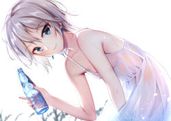 Rule 34 | 1girl, anastasia (idolmaster), armpit crease, bare arms, bare shoulders, bent over, blue eyes, blurry, bottle, closed mouth, collarbone, commentary request, dress, earrings, holding, holding bottle, idolmaster, idolmaster cinderella girls, jewelry, looking at viewer, nail polish, pink nails, plant, see-through, short hair, sidelocks, silver hair, simple background, sleeveless, sleeveless dress, smile, spaghetti strap, sweat, water bottle, wet, wet clothes, white background, white dress, yan (nicknikg)