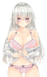 Rule 34 | 1girl, blush, bow, bow bra, bow panties, bra, breasts, cleavage, collarbone, embarrassed, grey eyes, highres, large breasts, long hair, long sleeves, looking at viewer, navel, open clothes, open shirt, original, panties, pink bra, pink panties, shirt, silver hair, standing, tomura2maru, underwear, undressing, white background, white shirt