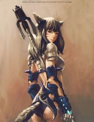 Rule 34 | 10s, 1girl, ale (ale halexxx), animal ears, armor, ass, bad id, bad twitter id, bikini armor, brown eyes, brown hair, cat ears, cat tail, dragoon (final fantasy), facial mark, final fantasy, final fantasy xiv, from behind, highres, jpeg artifacts, long hair, looking at viewer, miqo&#039;te, parted lips, slit pupils, solo, square enix, tail