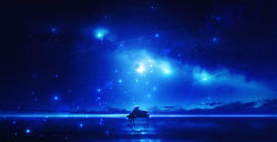 Rule 34 | blue theme, cloud, commentary request, fantasy, grand piano, highres, horizon, instrument, lens flare, light particles, moon, nengoro, night, night sky, no humans, ocean, original, outdoors, piano, reflection, scenery, shooting star, sky, star (sky), starry sky
