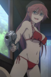 Rule 34 | 10s, 1girl, asami lilith, bikini, blue eyes, braid, breasts, cleavage, evil smile, gun, handgun, hat, highres, large breasts, long hair, looking at viewer, meme, midriff, navel, open mouth, pistol, pointing gun, red bikini, red hair, screencap, shaded face, sideboob, single braid, smile, stitched, swimsuit, third-party edit, trinity seven, underboob, weapon
