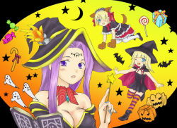 Rule 34 | alice (luminous arc), bat (animal), blonde hair, blue eyes, breasts, claire (luminous arc), hat, luminous arc, open mouth, purple hair, therese, witch hat
