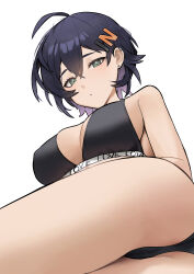 1girl absurdres ahoge ass bare_shoulders belle_(zenless_zone_zero) black_panties black_sports_bra blue_hair blush breasts cleavage commentary crossed_bangs english_commentary hair_ornament highres large_breasts letter_hair_ornament looking_at_viewer lordol panties solo sports_bra thighs underwear zenless_zone_zero