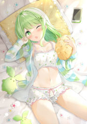 Rule 34 | 1girl, ;o, absurdres, arm up, bare shoulders, breasts, cellphone, crop top, frilled shorts, frills, green eyes, green hair, highres, jacket, looking at viewer, lying, medium breasts, medium hair, midriff, navel, off shoulder, on back, one eye closed, open clothes, open jacket, open mouth, original, phone, saeki sora, shirt, short shorts, shorts, sleeveless, sleeveless shirt, smartphone, solo, stomach, striped clothes, striped jacket, thighs, virtual youtuber, white shirt, white shorts
