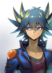 Rule 34 | 1boy, absurdres, black hair, black shirt, blue eyes, blue jacket, facial mark, facial tattoo, fudo yusei, gradient background, grey background, high collar, highres, jacket, looking to the side, male focus, marking on cheek, multicolored hair, open clothes, open jacket, shirt, short hair, shoulder pads, simple background, solo, spiked hair, standing, streaked hair, tattoo, upper body, white background, youko-shima, yu-gi-oh!, yu-gi-oh! 5d&#039;s