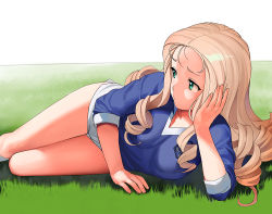 Rule 34 | 1girl, a1 (initial-g), bc freedom (emblem), bc freedom school uniform, blonde hair, blue shirt, commentary request, drill hair, emblem, girls und panzer, grass, green eyes, hand on own face, long hair, lying, marie (girls und panzer), on side, school uniform, shirt, shorts, simple background, solo, white background, white shorts